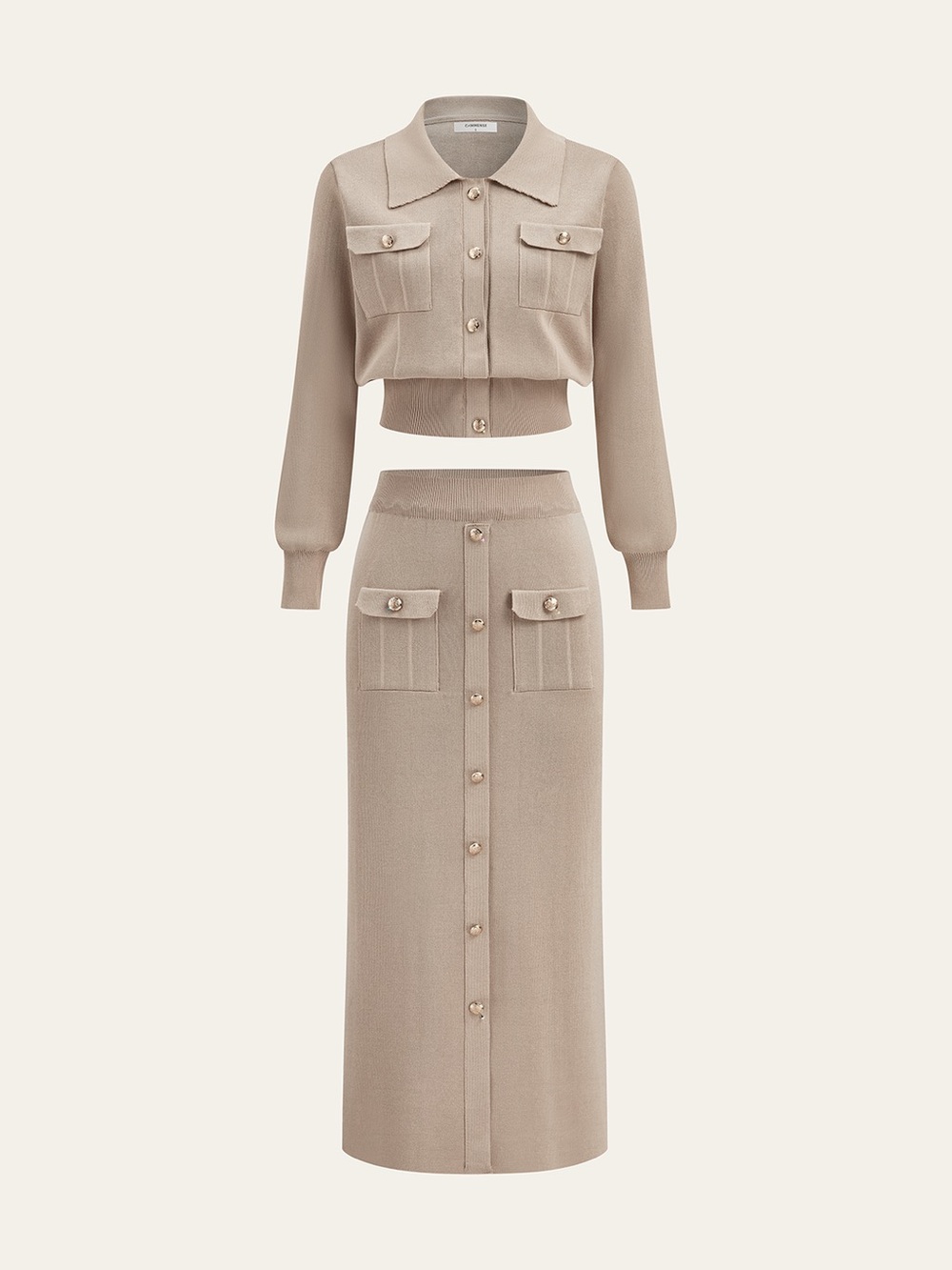 Commense Metal Button Collared Cardigan and Midi Skirt Set in Khaki size Large